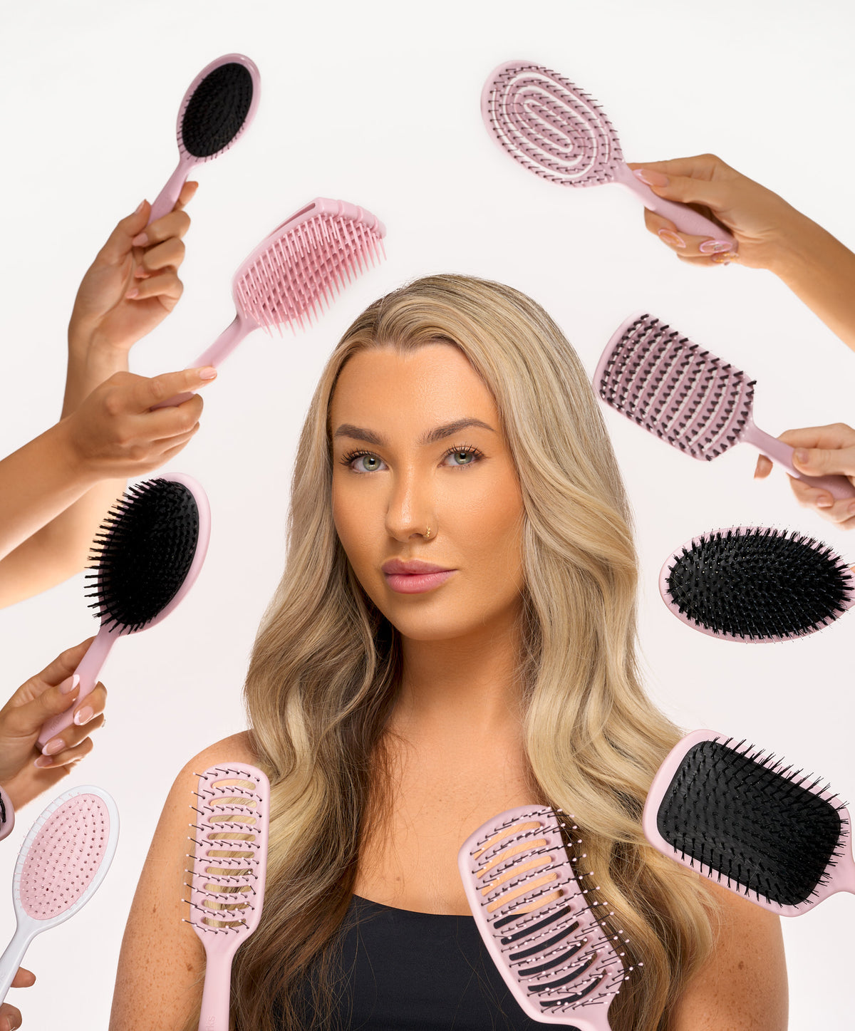 Model surrounded by Brushworks hair brushes
