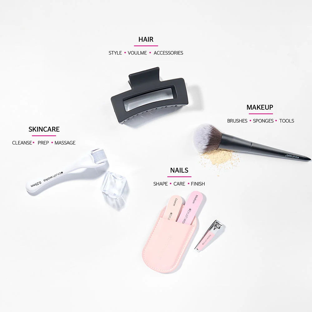 Brushworks hair, makeup, skincare and nail tools arranged by beauty routine